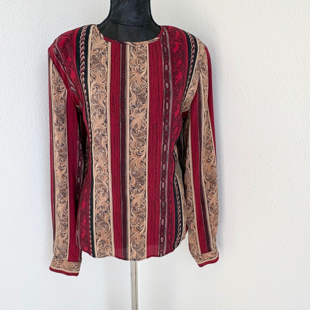 Allison Taylor 100% Silk Baroque Scroll Chain Print Blouse Women L Multicolor